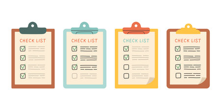 Clipboard with check list set. Completed task list. Documents in a folder. Check mark. Flat designのイラスト素材