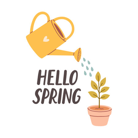 Hello spring quotes. Floral springtime hand drawn prints design. Positive phrases for stickers, postcards or postersのイラスト素材