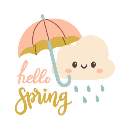 Hello spring quotes. Floral springtime hand drawn prints design. Positive phrases for stickers, postcards or postersのイラスト素材