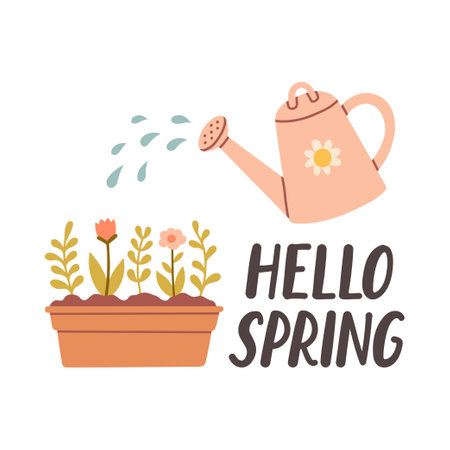 Hello spring quotes. Floral springtime hand drawn prints design. Positive phrases for stickers, postcards or postersのイラスト素材