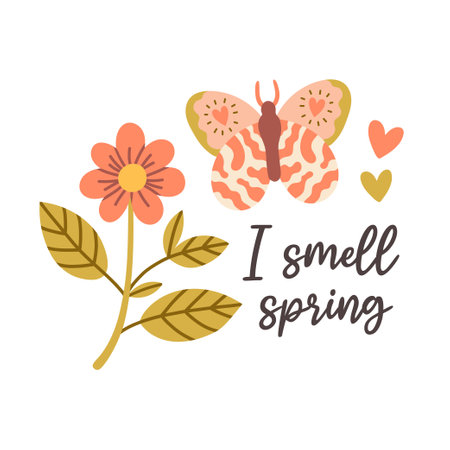 Hello spring quotes. Floral springtime hand drawn prints design. Positive phrases for stickers, postcards or postersのイラスト素材
