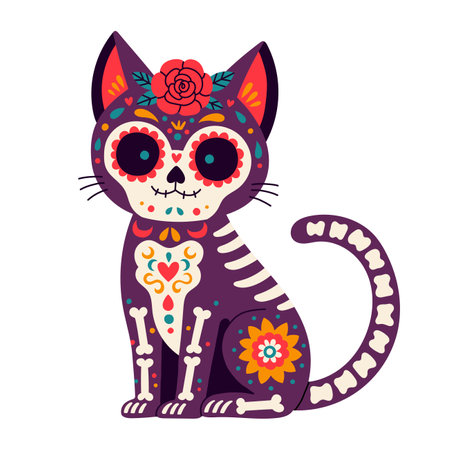 Day of the Dead, Dia de los muertos, cat skull and skeleton decorated with colorful Mexican elements and flowers.のイラスト素材