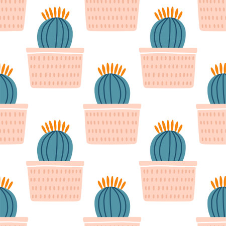 Cute cactus seamless pattern. Desert spiny plant, mexico cacti flower and tropical home plants.のイラスト素材
