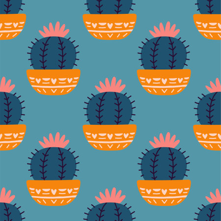 Cute cactus seamless pattern. Desert spiny plant, mexico cacti flower and tropical home plants.