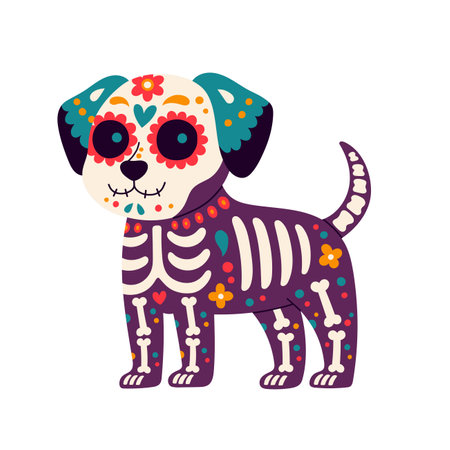 Day of the Dead, Dia de los muertos, dog skull and skeleton decorated with colorful Mexican elements and flowers.のイラスト素材