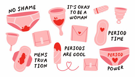 Menstruation lettering set. Menstrual cycle quotes, periods lettering, no shame, periods are cool, period timeのイラスト素材