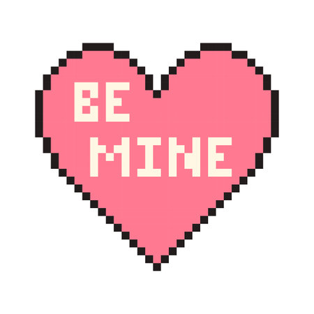 Pixel heart with text Be mine in retro style. Vintage love symbol, 8 bit vector illustration for...