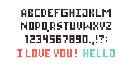 Pixel font set. Letter and numeral units of a digital image or graphic for computer display. Pixel alphabetのイラスト素材