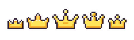 Pixel art 8 bit crown isolated vector set. Cartoon style illustration of golden crown pixel icons. Isolated on whiteのイラスト素材