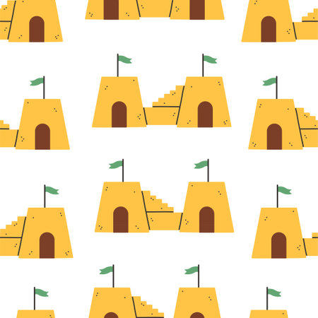 Summer sand castle pattern. Flat seamless pattern. Simple sand castle. Cartoon design. Flat vector illustration.のイラスト素材