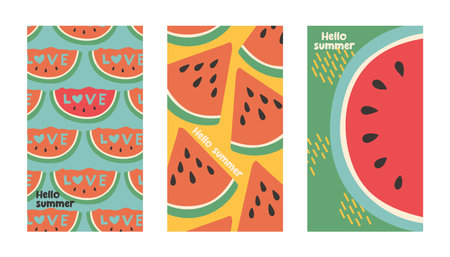 Summer poster watermelon set in flat style. Art for poster, postcard, wall art, banner backgroundのイラスト素材