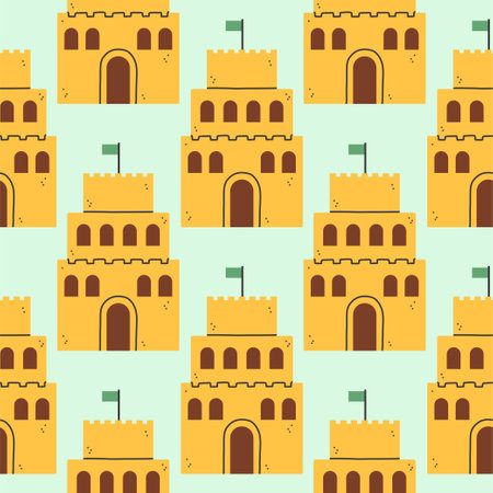 Summer sand castle pattern. Flat seamless pattern. Simple sand castle. Cartoon design. Flat vector illustration.のイラスト素材