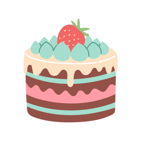 Simple birthday cake isolated on white. Flat cartoon design for postcards and stickers, birthday...