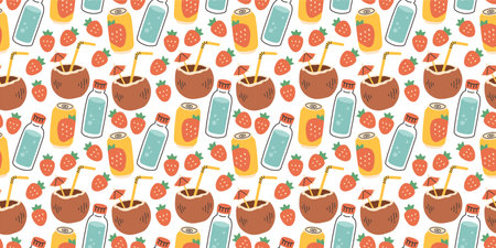 Hand drawn summer pattern with strawberry drink, water, coconut, seamless pattern for fabric,...