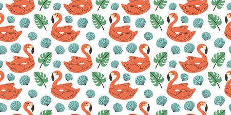 Hand drawn summer pattern with flamingo, seashell, seamless pattern for fabric, textiles, wrapping...