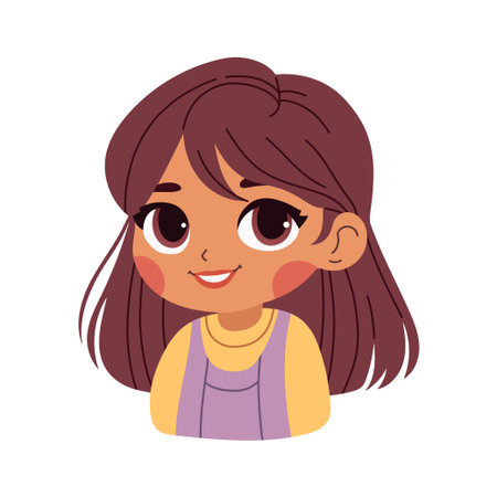 Cute cartoon little girl with dark hair on a white background isolated. Trendy anime style. Print for tshirt for kidsのイラスト素材