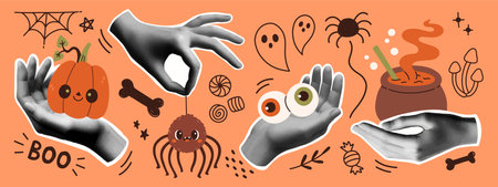 Halloween collage banner template for media design. Spooky modern cut out elements and doodles. Trendy pop art vectorのイラスト素材