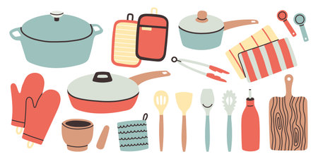 Cute kitchenware set. Vector kitchen utensils tools and equipment, cartoon cooking appliance. Cookware isolated set.のイラスト素材