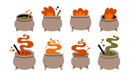 Halloween cauldron set. Flat cartoon icons. Vector illustration of cauldrons different shapes and sizesのイラスト素材