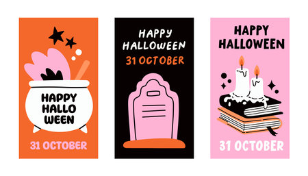 Halloween trendy poster set. Trendy flat style and funny characters. Cute vector poster set for postcard, flyer, bannerのイラスト素材