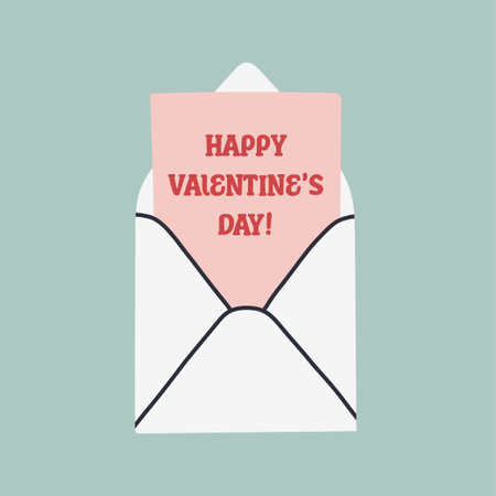 Simple Valentines Day card with envelope. Flat vector hearts hand drawn doodle. Simple, minimalistic, holiday card.のイラスト素材