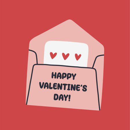 Simple Valentines Day card with envelope. Flat vector hearts hand drawn doodle. Simple, minimalistic, holiday card.のイラスト素材