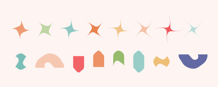 Minimalist geometric elements set, abstract bauhaus forms, groovy colors. Simple distorted star shape, basic form, trendy modern graphic element vector setのイラスト素材