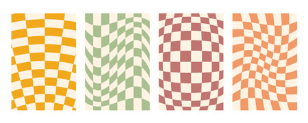 Groovy distorted checkered background set. Hand drawn groovy, hippie backgrounds. Distorted checker,...