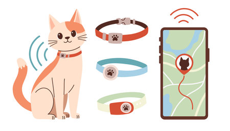 Pet GPS tracker. GPS tracking for walking a cat. A smartphone with a map shows the movement of pets. A pet tracking app. Vector flat illustration on white background.のイラスト素材