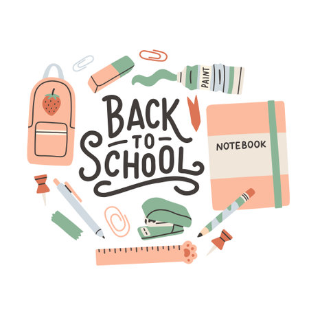 Back to school label. School Background Poster Card. Sale tag. Flat vector illustration. Hand drawn lettering badge. Typography emblemのイラスト素材