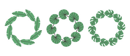 Simple tropical leaves circle frame set. Bright illustration for card, invitation card for wedding, birthday and other holidayのイラスト素材