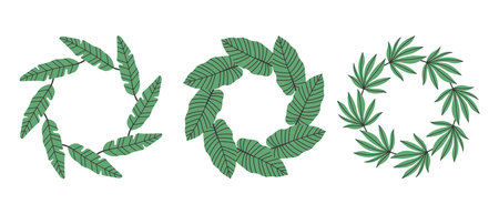 Simple tropical leaves circle frame set. Bright illustration for card, invitation card for wedding, birthday and other holidayのイラスト素材