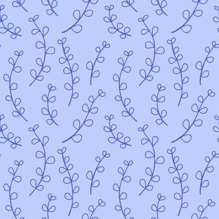 Simple leaves pattern blue outline on light blue background. Mediterranean blue floral  pattern for wrapping, textile, cover, scrapbookingのイラスト素材