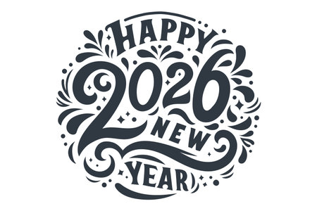 Happy new year 2026 design. Black lettering on white background. Lettering design for poster,...