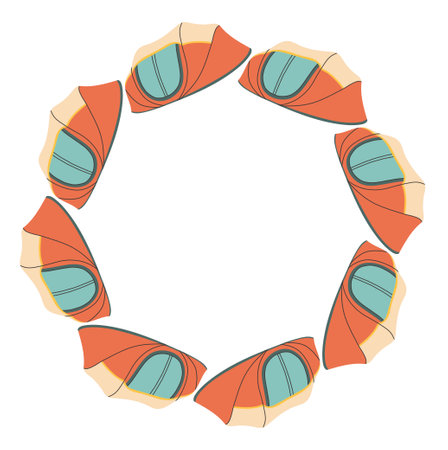 Camping tent circle frame. Simple blue beige red tent border. Camping shelter in nature on summer holiday. Outdoor adventure flat vector illustration isolated on white backgroundのイラスト素材