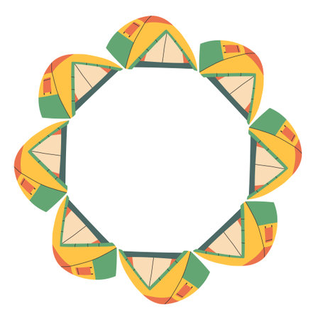 Camping tent circle frame. Simple beige green yellow red tent border. Camping shelter in nature on summer holiday. Outdoor adventure flat vector illustration isolated on white backgroundのイラスト素材