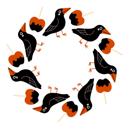 Simple Halloween circle frame. Cute Halloween frame border on white background. The round vector design with soft colors, perfect for spooky autumn decorations, banners, stickers, ads, sale.のイラスト素材