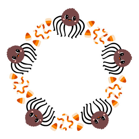 Simple Halloween circle frame. Cute Halloween frame border on white background. The round vector design with soft colors, perfect for spooky autumn decorations, banners, stickers, ads, sale.のイラスト素材
