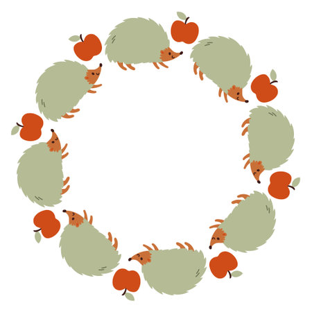 Autumn hedgehog with apple circle frame. Round border made of doodle hand drawn fall elements. Arranged in a circle for stickers, banners, cards, ads. Vector flat isolated on white background.のイラスト素材