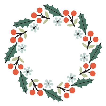 A festive round frame with green holly leaves, red berries, and white snowflakes. The simple vector design perfect for Christmas and New Year decorations or holiday greetings.のイラスト素材