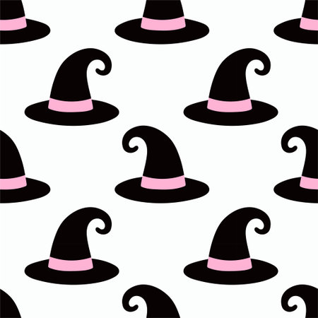 Simple witch hat hand drawn Halloween  pattern on white background. Vector wallpaper illustration repeat design for fabric print, sticker, cover, wrapping.のイラスト素材