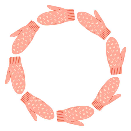 Simple vector illustration of cute pink knitted mittens arranged in a circular frame. Winter holiday design, Christmas decoration, isolated on white background, perfect for greeting cards and printsのイラスト素材