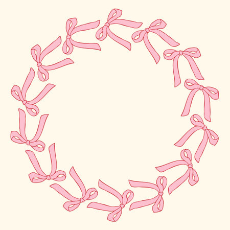 Vector illustration of a circular frame made of hand-drawn pink bows. Delicate and feminine decorative border perfect for invitations, cards, packaging, branding, and elegant design projectsのイラスト素材