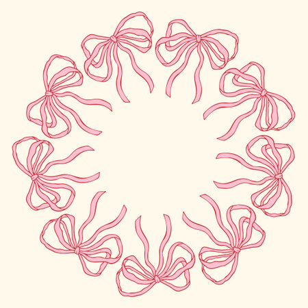Vector illustration of a circular frame made of hand-drawn pink bows. Delicate and feminine...