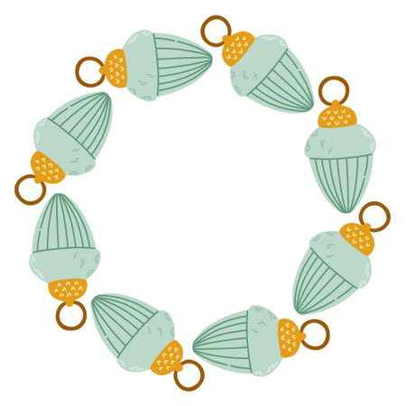 Vector illustration of a circular decorative frame made of hand drawn holiday elements. Festive and cozy wreath design perfect for Christmas and New Year cards, invitations, packaging, stickers.のイラスト素材