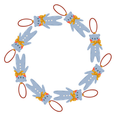 Vector illustration of a circular decorative frame made of hand drawn holiday elements. Festive and cozy wreath design perfect for Christmas and New Year cards, invitations, packaging, stickers.のイラスト素材