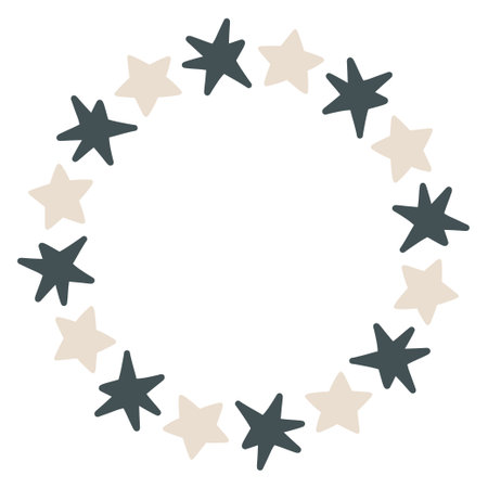Minimalist circular frame made of simple star shapes. Modern decorative vector star wreath design perfect for holiday cards, invitations, branding, and festive graphic projectsのイラスト素材