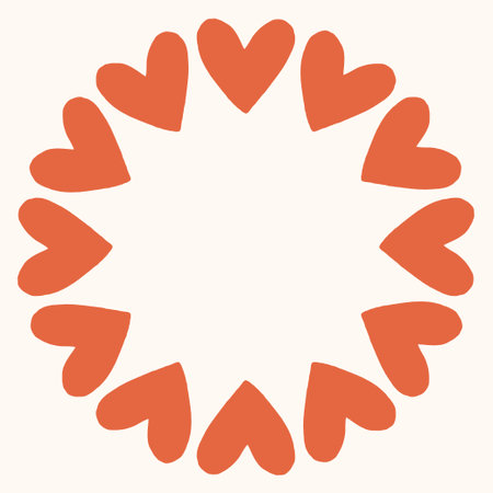 Simple circular frame made of bold red heart shapes arranged in a clean, modern ring. Minimal and...