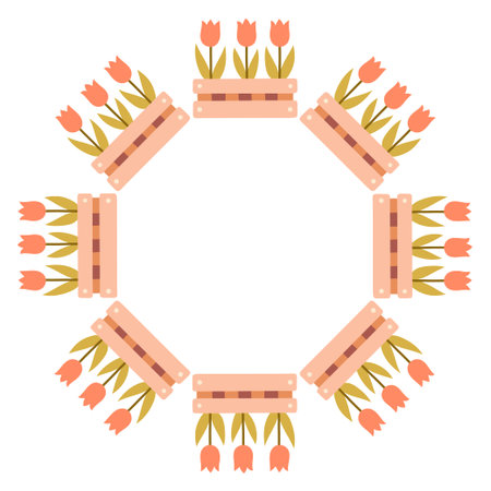 Tulip circular frame made of wooden flower boxes. Flat vector illustration isolated on white background, perfect for spring gardening designs, floral templates, seasonal decor, and eco brandingのイラスト素材