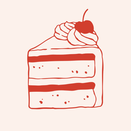 Vector illustration of a delicious layer cake slice with whipped cream and cherry on top. Hand drawn...